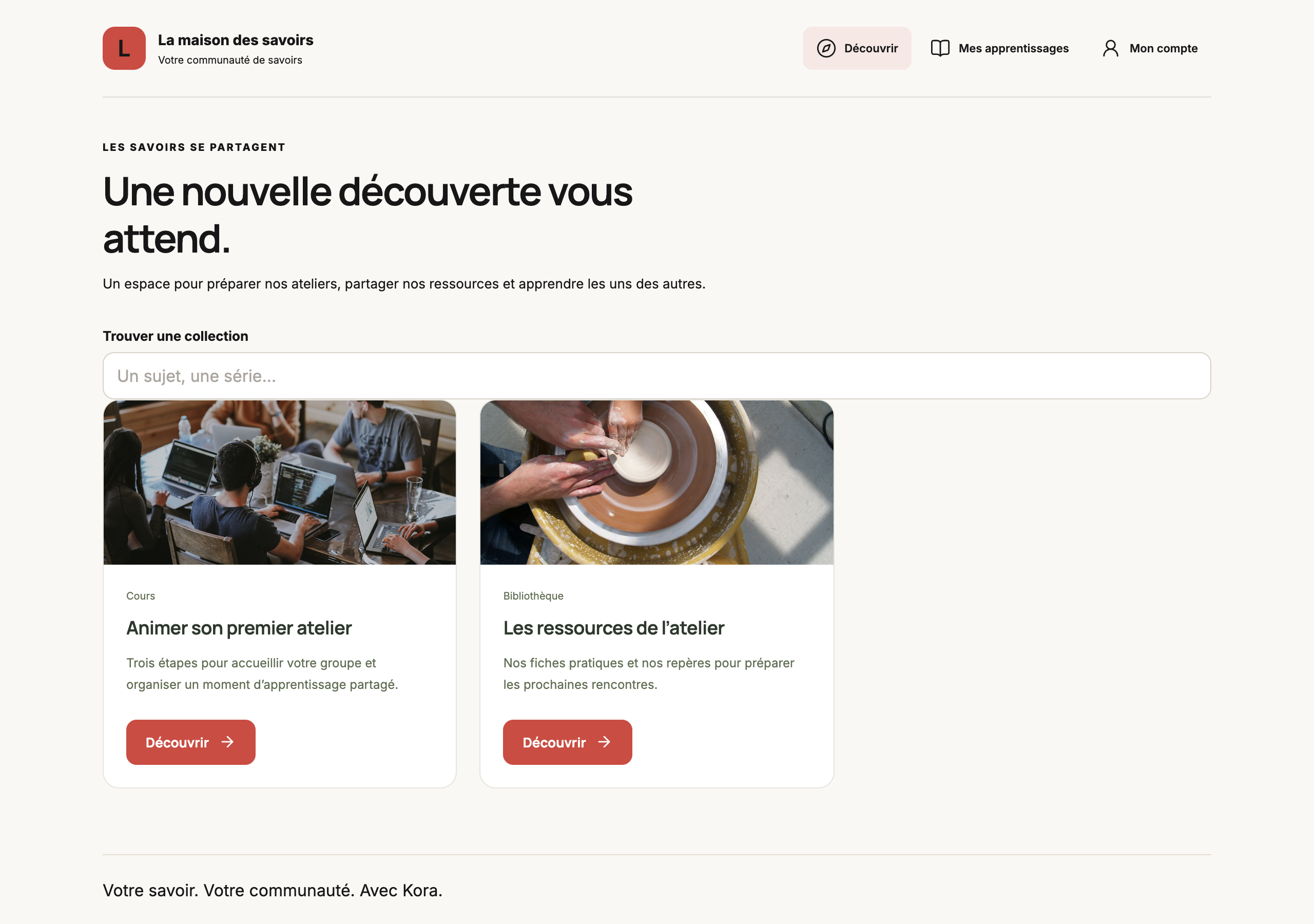 Capture de Kora : La maison des savoirs, avec une bibliothèque de ressources et un cours pour animer un atelier.
